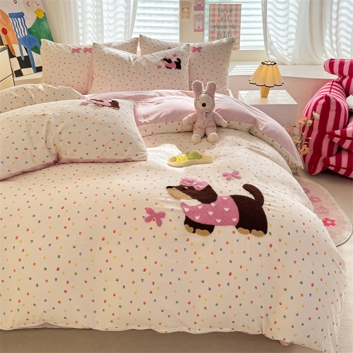 91家纺网 家纺一手货源 找家纺 多品 2025春夏新款水洗棉毛巾绣卡通系列被套单件-单被套 心愿狗