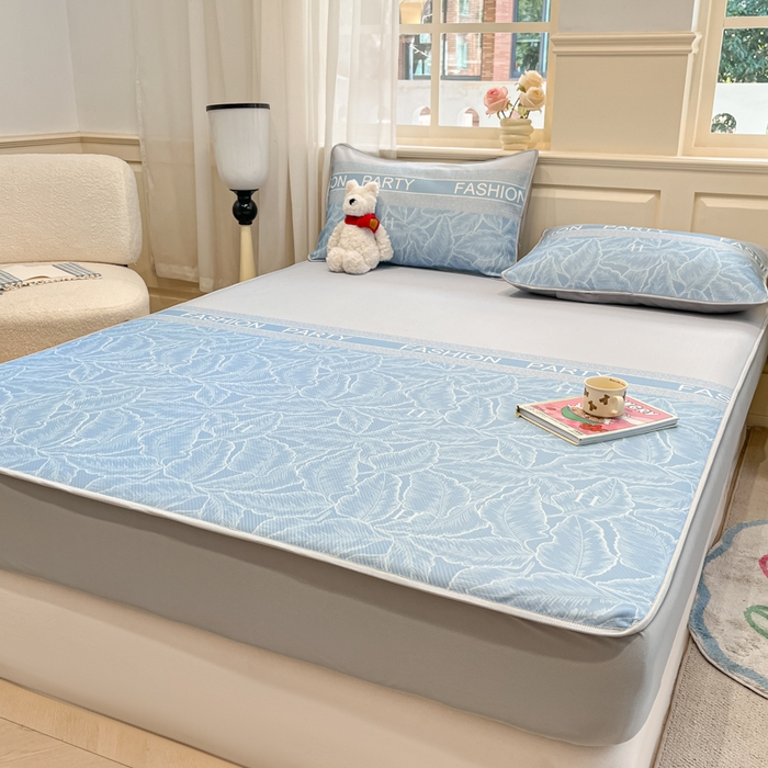 91家纺网 家纺一手货源 找家纺 星座家纺 2025新款复合提花凉感丝凉席三件套床笠款 叶之语-蓝 床笠款