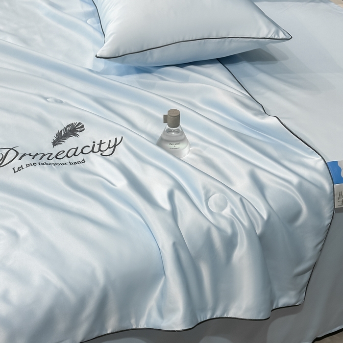 91家纺网 家纺一手货源 找家纺 伊梵居 2025新款水洗真丝刺绣夏被四件套 梦羽-天空蓝