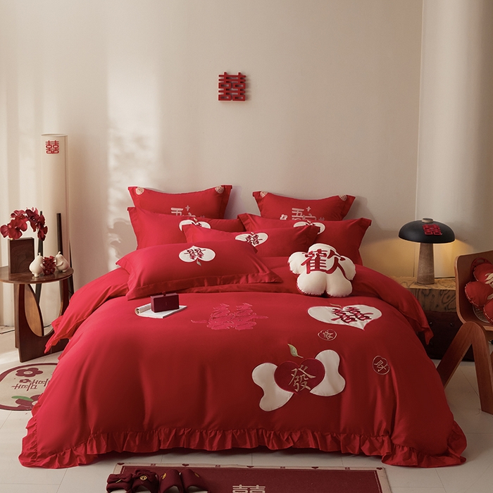 91家纺网 家纺一手货源 找家纺 玉雅家纺 2025新款长绒棉花边款刺绣时尚婚庆四件套 花边款-喜發