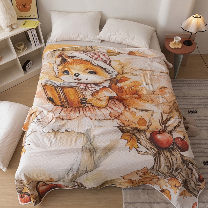 91家纺网 家纺一手货源 找家纺 乐家毛巾被 2025春夏新款全棉纯棉六层大版印花毛巾被 帽子狐狸