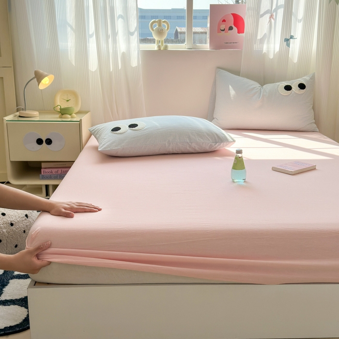 91家纺网 家纺一手货源 找家纺 丽涵家纺 丽涵新品 全棉色织水洗棉单品床笠-床笠三件套 蜜桃粉