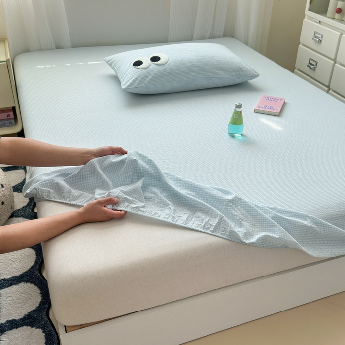 91家纺网 家纺一手货源 找家纺 丽涵家纺 丽涵新品 全棉色织水洗棉单品床笠-床笠三件套 蓝小格