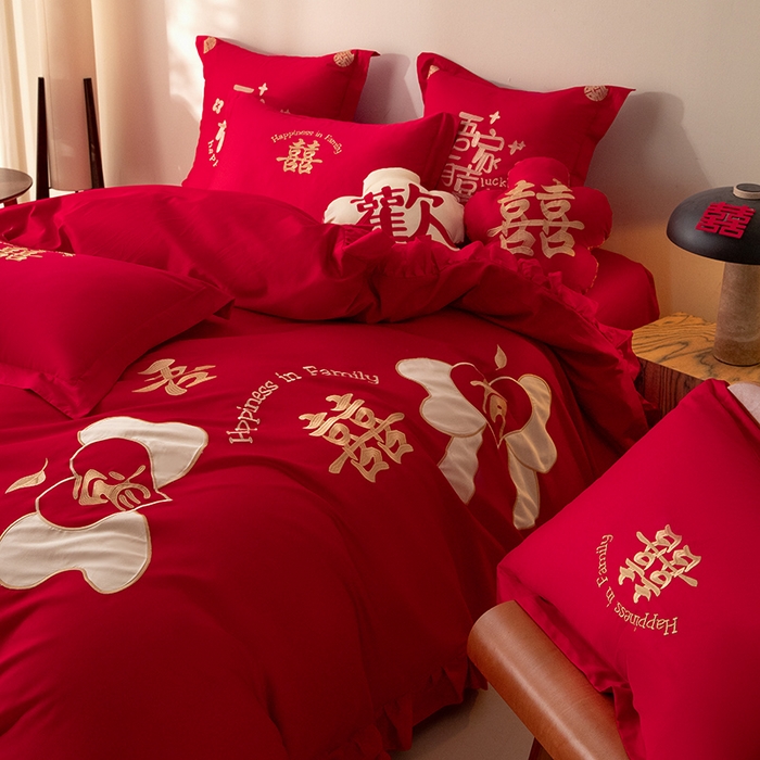 91家纺网 家纺一手货源 找家纺 玉雅家纺 2025新款长绒棉花边款刺绣时尚婚庆四件套 花边款-同心缘-红