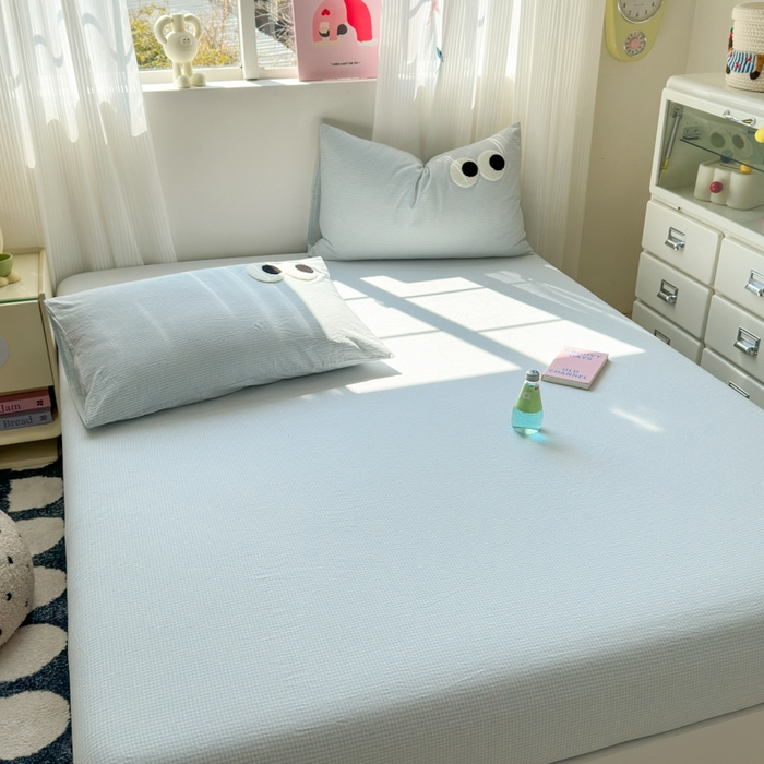 91家纺网 家纺一手货源 找家纺 丽涵家纺 丽涵新品 全棉色织水洗棉单品床笠-床笠三件套 蓝小格