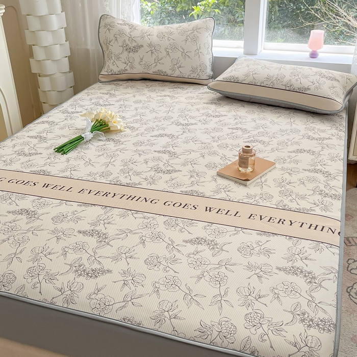 91家纺网 家纺一手货源 找家纺 星座家纺 2025新款复合提花凉感丝凉席三件套床笠款 午后茶花-床笠款