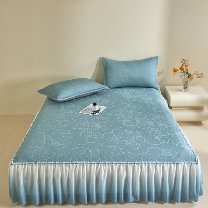 91家纺网 家纺一手货源 找家纺 卡初家居（原微来） 2025新款乙纶冰豆豆渐变色床裙款凉席席子 渐变蓝