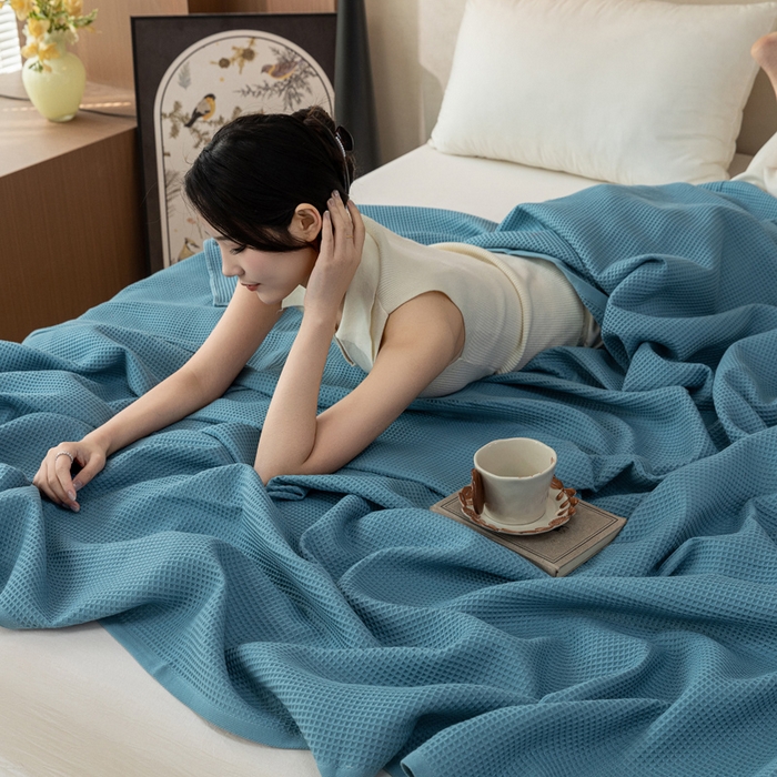 91家纺网 家纺一手货源 找家纺 乐家毛巾被 2025春夏新款日式华夫全棉纯棉毛巾被 华夫格-天蓝