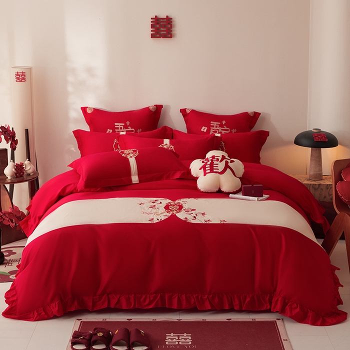 91家纺网 家纺一手货源 找家纺 （总）玉雅家纺 2025新款长绒棉花边款刺绣时尚婚庆四件套