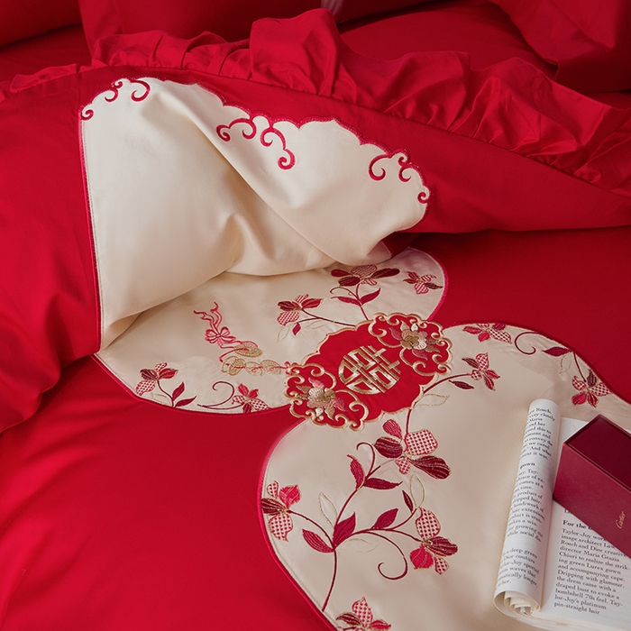 91家纺网 家纺一手货源 找家纺 （总）玉雅家纺 2025新款长绒棉花边款刺绣时尚婚庆四件套