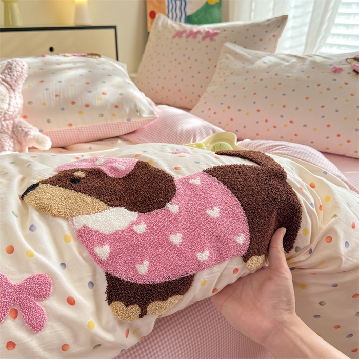 91家纺网 家纺一手货源 找家纺 多品 2025春夏新款水洗棉毛巾绣卡通系列四件套-系列二 心愿狗