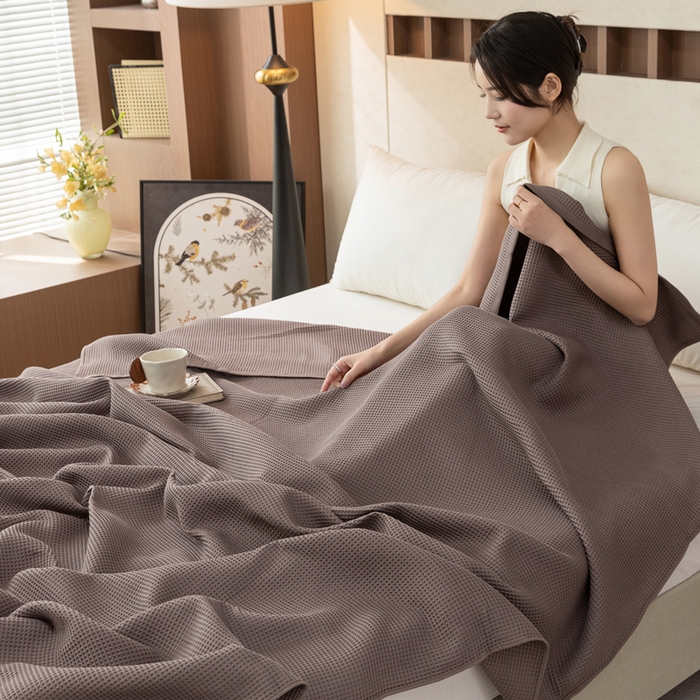 91家纺网 家纺一手货源 找家纺 乐家毛巾被 2025春夏新款日式华夫全棉纯棉毛巾被 华夫格-棕