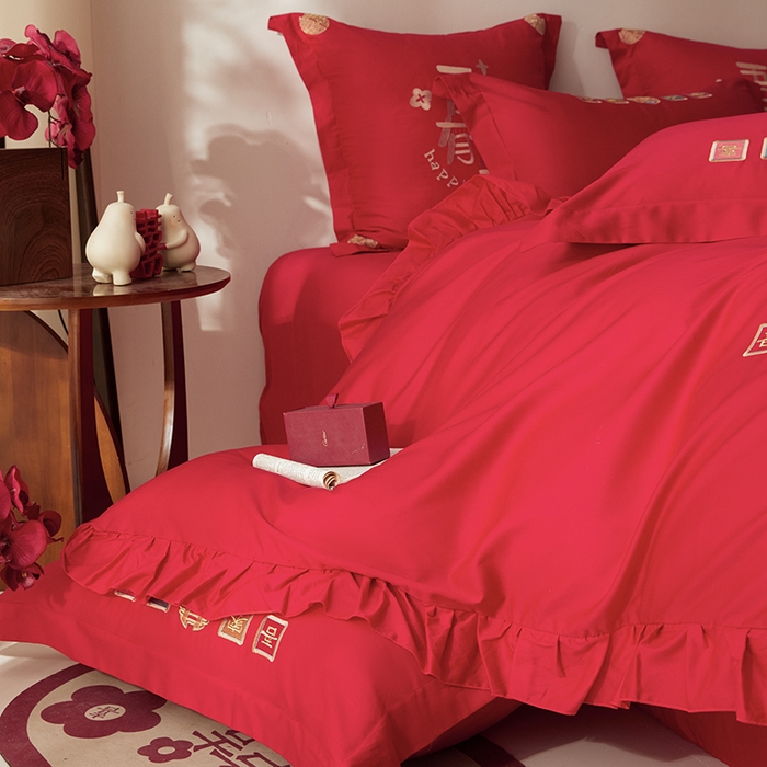 91家纺网 家纺一手货源 找家纺 玉雅家纺 2025新款长绒棉花边款刺绣时尚婚庆四件套 花边款-今世缘