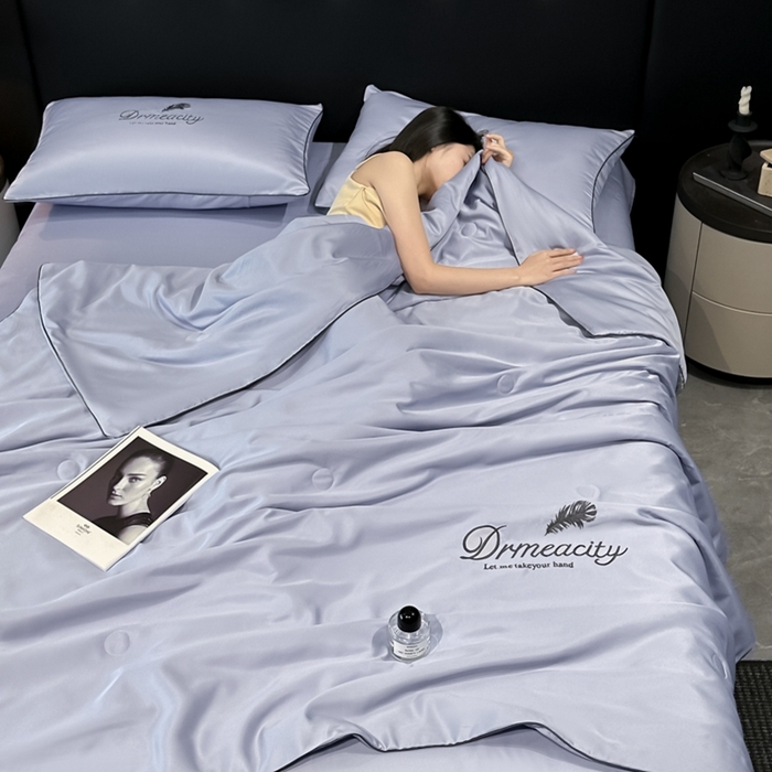 91家纺网 家纺一手货源 找家纺 伊梵居 2025新款水洗真丝刺绣夏被四件套 梦羽-星黛紫