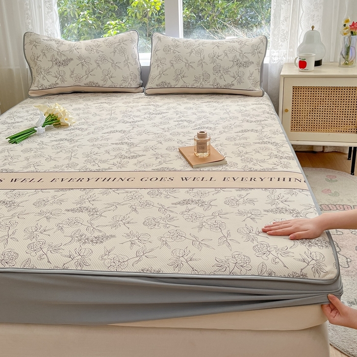 91家纺网 家纺一手货源 找家纺 星座家纺 2025新款复合提花凉感丝凉席三件套床笠款 午后茶花-床笠款