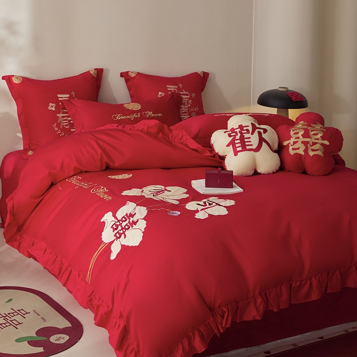 91家纺网 家纺一手货源 找家纺 玉雅家纺 2025新款长绒棉花边款刺绣时尚婚庆四件套 花边款-今喜