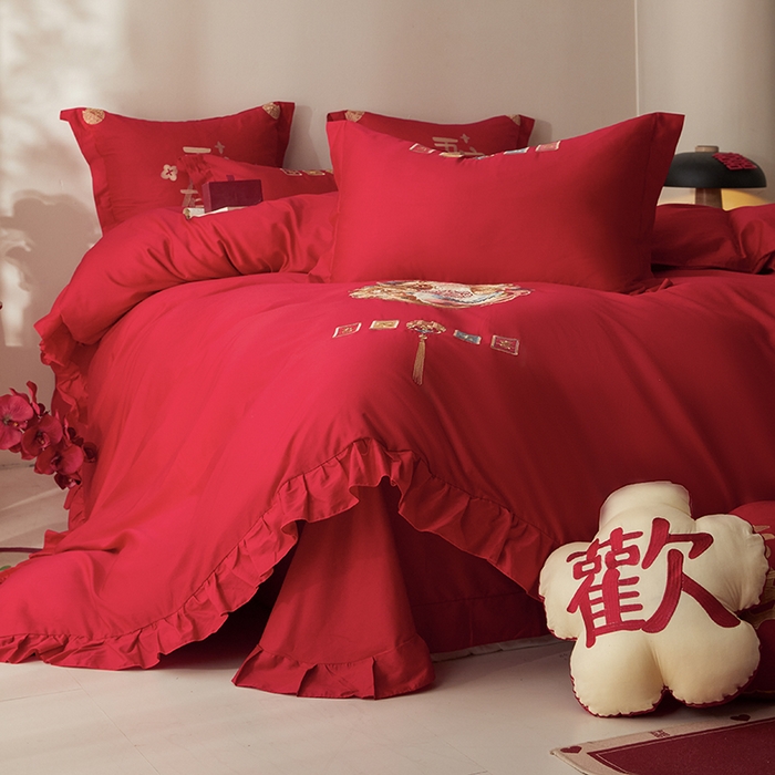 91家纺网 家纺一手货源 找家纺 玉雅家纺 2025新款长绒棉花边款刺绣时尚婚庆四件套 花边款-今世缘