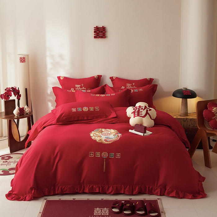 91家纺网 家纺一手货源 找家纺 玉雅家纺 2025新款长绒棉花边款刺绣时尚婚庆四件套 花边款-今世缘