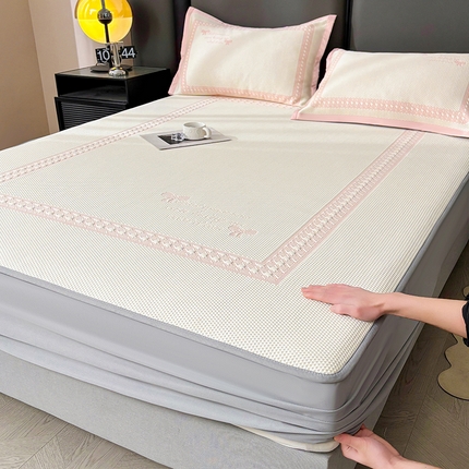 91家纺网 家纺一手货源 找家纺 慕木家纺 2025新品A类高端大版高分子530克PE提花冰豆豆床席床笠千鸟结系列直播爆款(可供跨境压缩) 千鸟结-粉 床笠