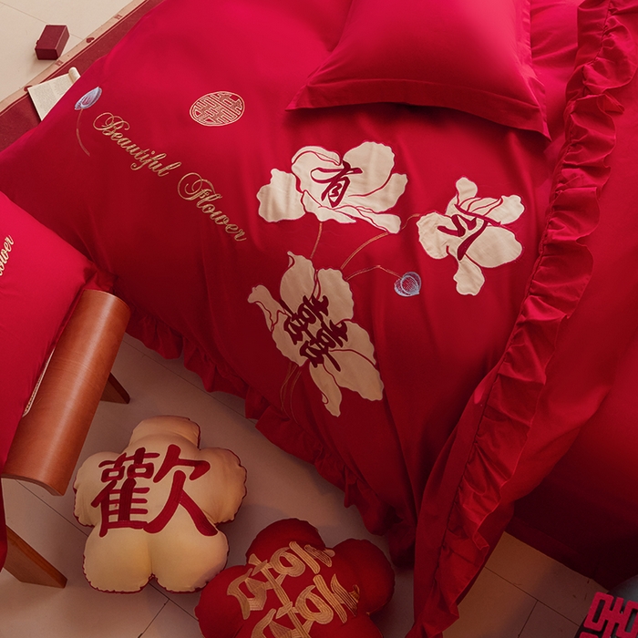 91家纺网 家纺一手货源 找家纺 玉雅家纺 2025新款长绒棉花边款刺绣时尚婚庆四件套 花边款-今喜