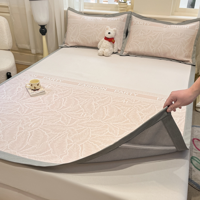 91家纺网 家纺一手货源 找家纺 星座家纺 2025新款复合提花凉感丝凉席三件套平铺款 叶之语-奶咖