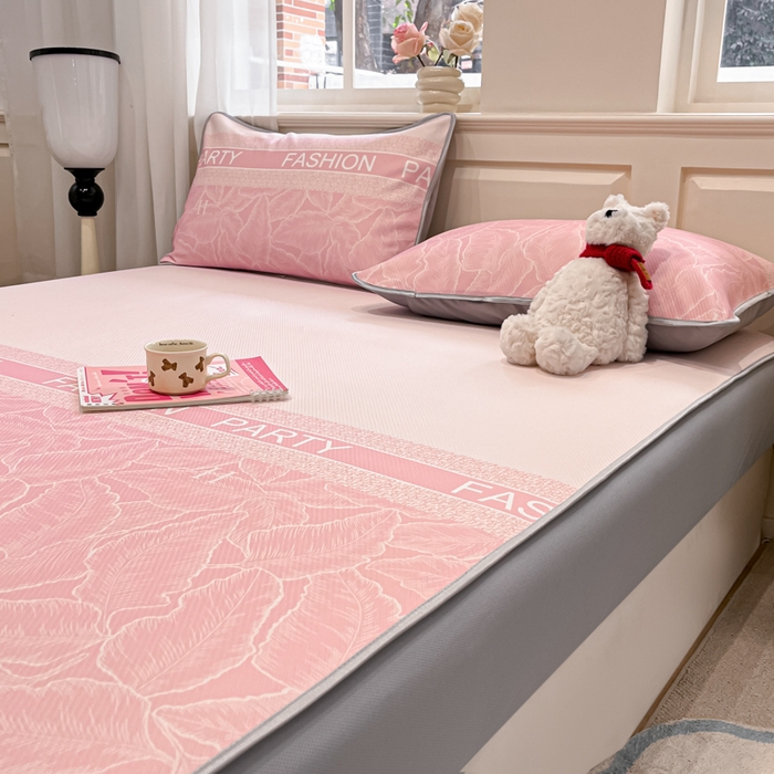 91家纺网 家纺一手货源 找家纺 星座家纺 2025新款复合提花凉感丝凉席三件套床笠款 叶之语-粉 床笠款