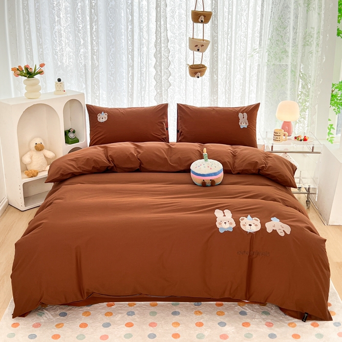 91家纺网 家纺一手货源 找家纺 曼町家居 2025春夏新款40支全棉纯棉水洗棉刺绣四件套 元气星喵-复古咖