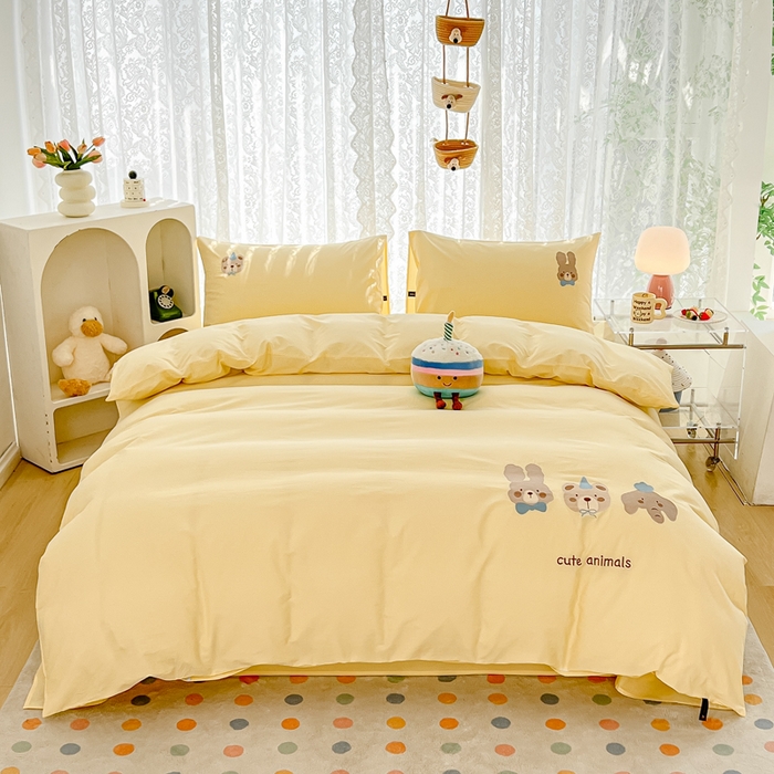 91家纺网 家纺一手货源 找家纺 曼町家居 2025春夏新款40支全棉纯棉水洗棉刺绣四件套 元气星喵-奶油黄