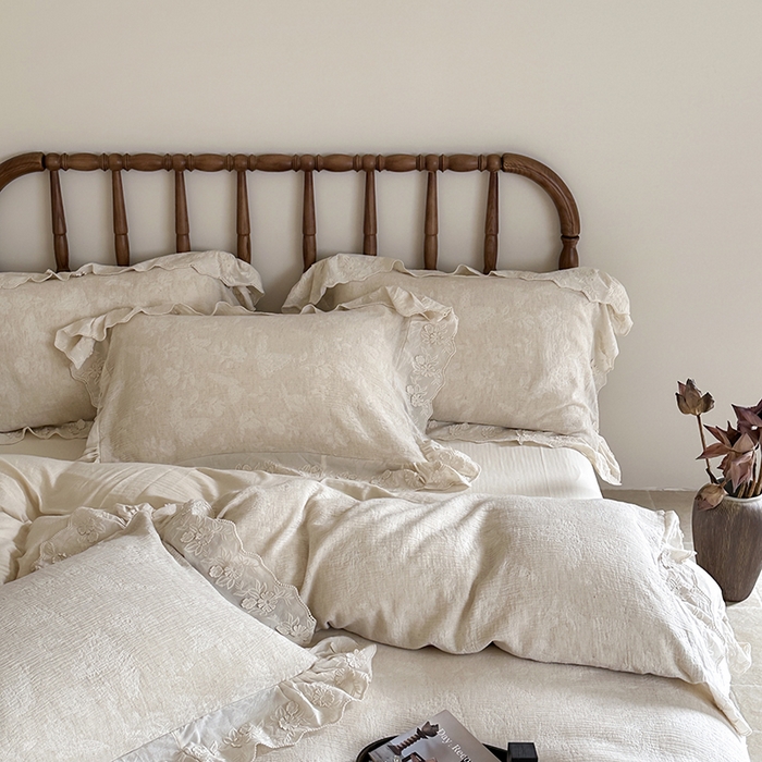 91家纺网 家纺一手货源 找家纺 山舍家居2025新款纯棉棉麻色织提花刺绣花边款四件套-蝶梦晚落 蝶梦晚落-麻本色