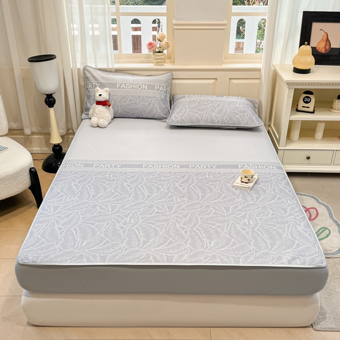 91家纺网 家纺一手货源 找家纺 星座家纺 2025新款复合提花凉感丝凉席三件套床笠款 叶之语-灰 床笠款