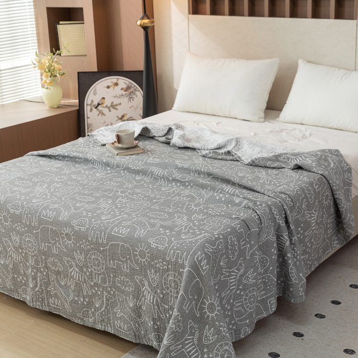 91家纺网 家纺一手货源 找家纺 乐家毛巾被 2025春夏新款三层棉全棉纯棉毛巾被 灰色简笔画