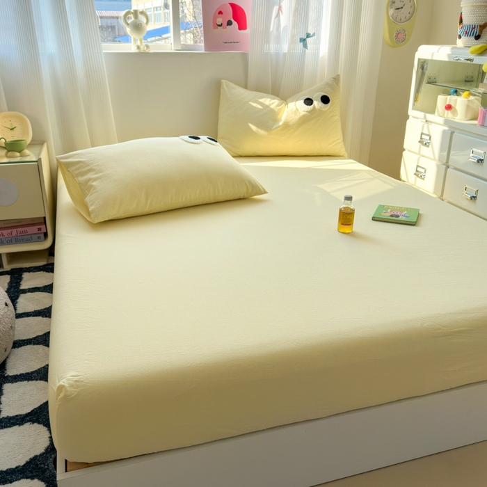 91家纺网 家纺一手货源 找家纺 丽涵家纺 丽涵新品 全棉色织水洗棉单品床笠-床笠三件套 奶黄色