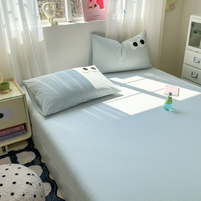 91家纺网 家纺一手货源 找家纺 丽涵家纺 丽涵新品 全棉色织水洗棉单品床笠-床笠三件套 蓝小格