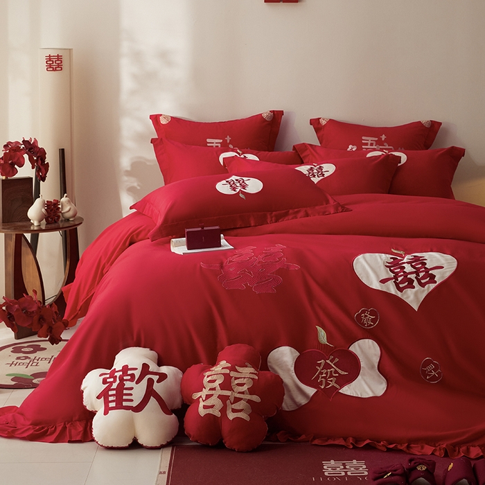 91家纺网 家纺一手货源 找家纺 玉雅家纺 2025新款长绒棉花边款刺绣时尚婚庆四件套 花边款-喜發