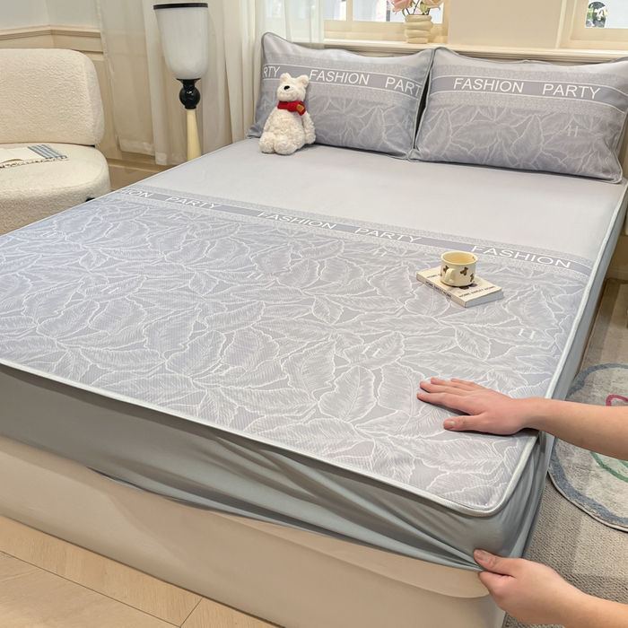 91家纺网 家纺一手货源 找家纺 星座家纺 2025新款复合提花凉感丝凉席三件套床笠款 叶之语-灰 床笠款