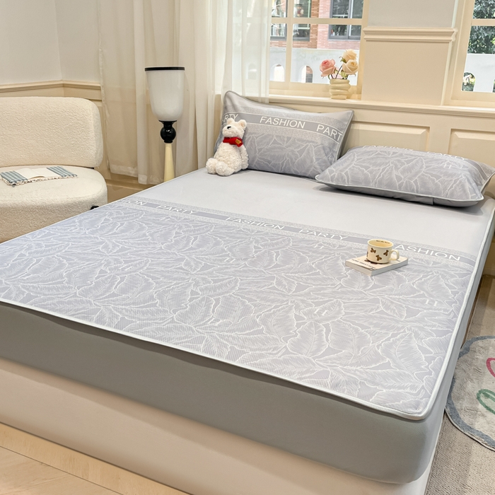 91家纺网 家纺一手货源 找家纺 星座家纺 2025新款复合提花凉感丝凉席三件套床笠款 叶之语-灰 床笠款