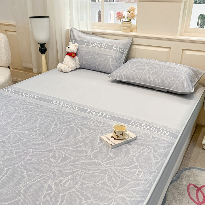 91家纺网 家纺一手货源 找家纺 星座家纺 2025新款复合提花凉感丝凉席三件套床笠款 叶之语-灰 床笠款