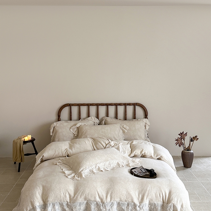 91家纺网 家纺一手货源 找家纺 山舍家居2025新款纯棉棉麻色织提花刺绣花边款四件套-蝶梦晚落 蝶梦晚落-麻本色