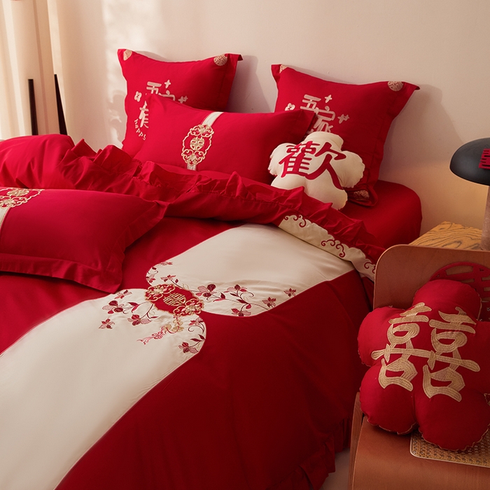 91家纺网 家纺一手货源 找家纺 （总）玉雅家纺 2025新款长绒棉花边款刺绣时尚婚庆四件套