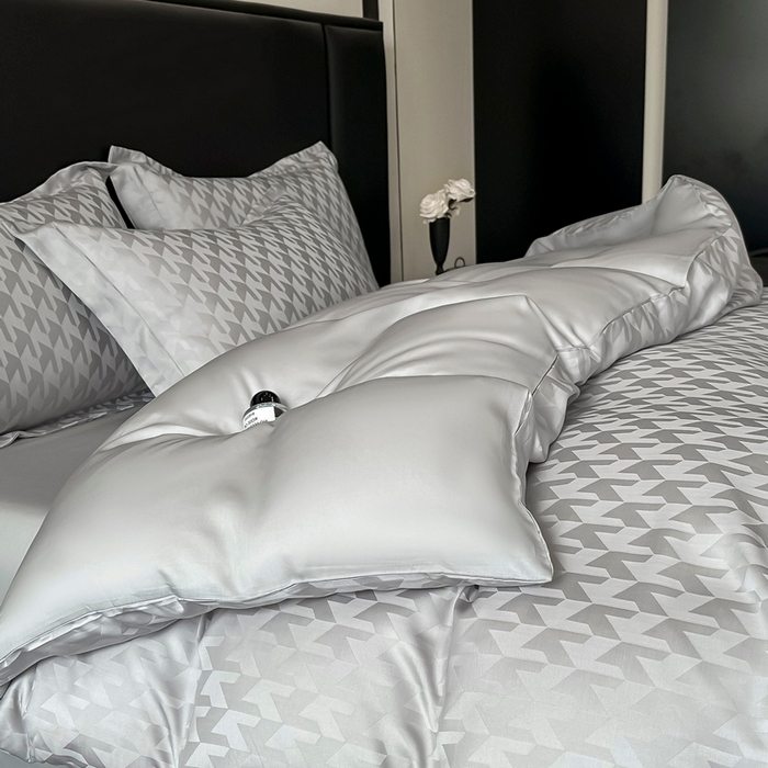 91家纺网 家纺一手货源 找家纺  慕晨 2025新款莱赛尔提花四件套高级简奢款天丝4件套直播热款 贝立雅