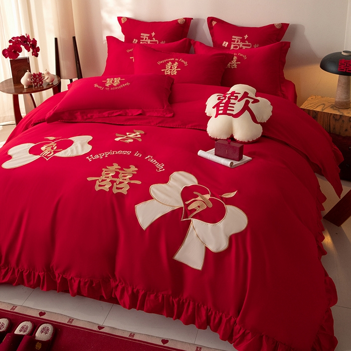 91家纺网 家纺一手货源 找家纺 玉雅家纺 2025新款长绒棉花边款刺绣时尚婚庆四件套 花边款-同心缘-红