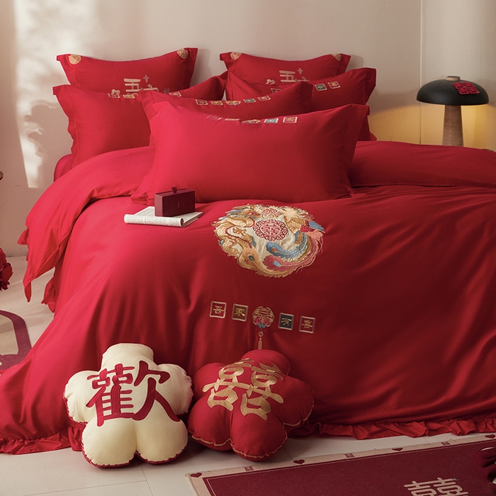 91家纺网 家纺一手货源 找家纺 玉雅家纺 2025新款长绒棉花边款刺绣时尚婚庆四件套 花边款-今世缘