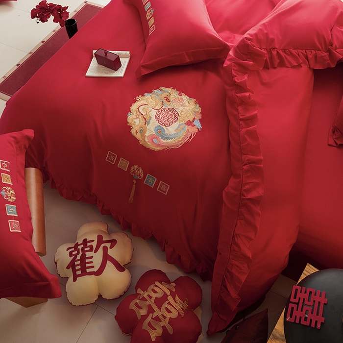 91家纺网 家纺一手货源 找家纺 玉雅家纺 2025新款长绒棉花边款刺绣时尚婚庆四件套 花边款-今世缘