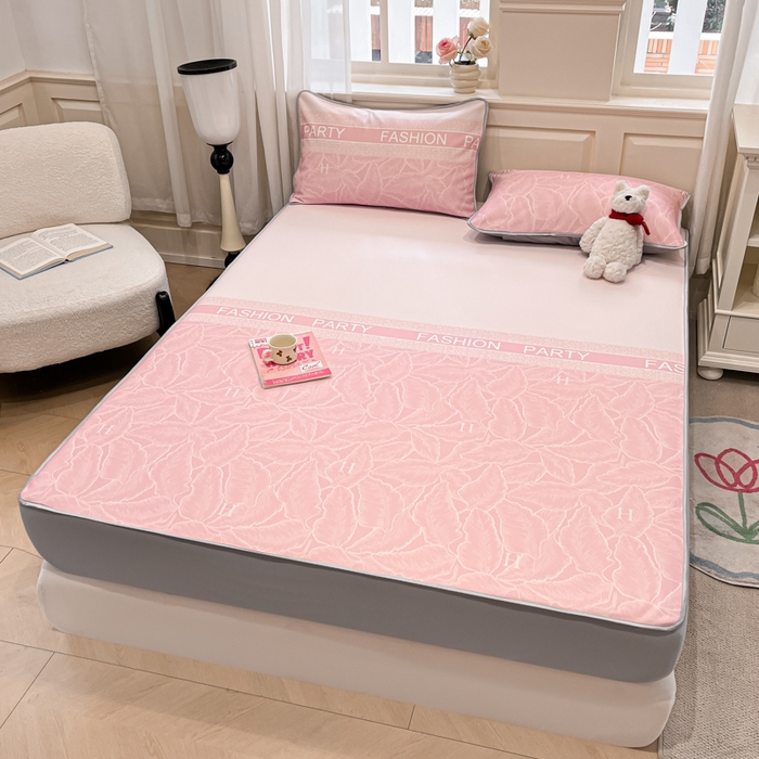 91家纺网 家纺一手货源 找家纺 星座家纺 2025新款复合提花凉感丝凉席三件套床笠款 叶之语-粉 床笠款