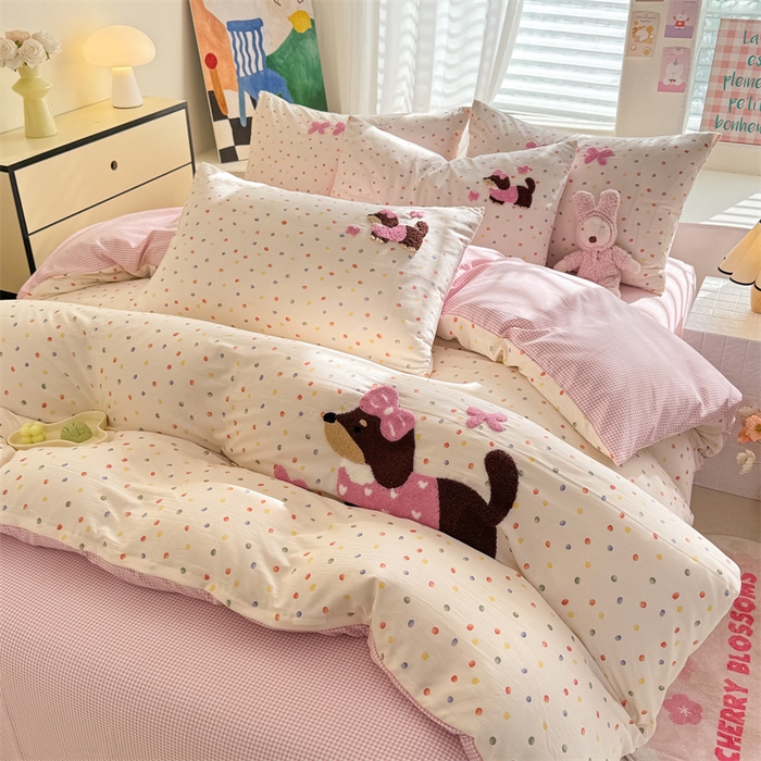 91家纺网 家纺一手货源 找家纺 多品 2025春夏新款水洗棉毛巾绣卡通系列被套单件-单被套 心愿狗