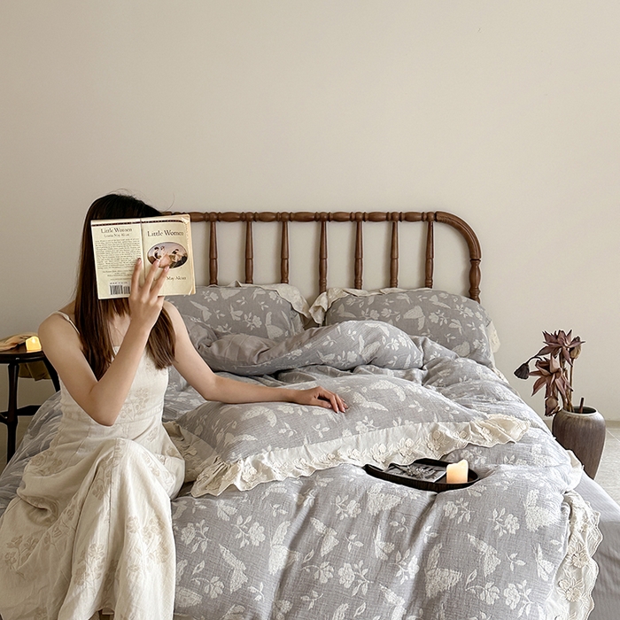 91家纺网 家纺一手货源 找家纺 （总）山舍家居2025新款纯棉棉麻色织提花刺绣花边款四件套-蝶梦晚落