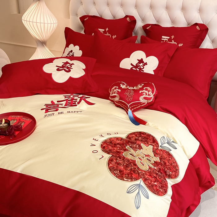 91家纺网 家纺一手货源 找家纺 玉雅家纺 2025新款长绒棉花边款刺绣时尚婚庆四件套 欢喜乐