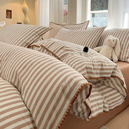 莱茵家居 2025新款全棉色织水洗棉贝壳包边四件套生椰系列 拿铁咖