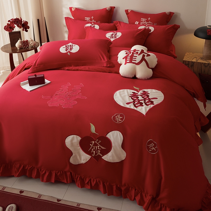 91家纺网 家纺一手货源 找家纺 玉雅家纺 2025新款长绒棉花边款刺绣时尚婚庆四件套 花边款-喜發