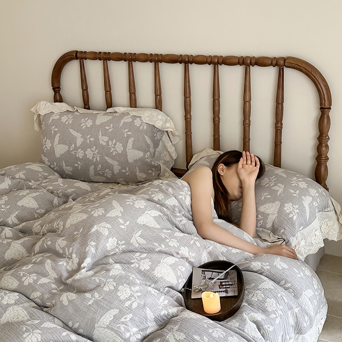 91家纺网 家纺一手货源 找家纺 （总）山舍家居2025新款纯棉棉麻色织提花刺绣花边款四件套-蝶梦晚落